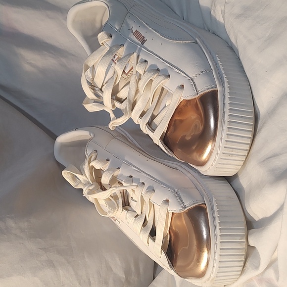 Shoes - Puma women's white and Rose Gold platform sneaker